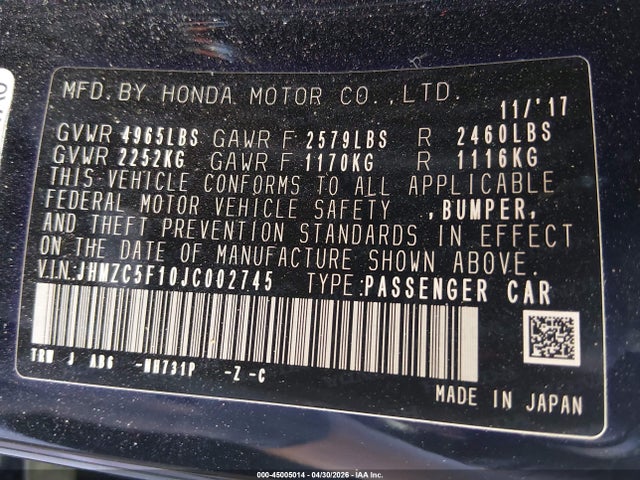 JHMZC5F10JC002745 Honda CLARITY PLUG-IN HYBRID