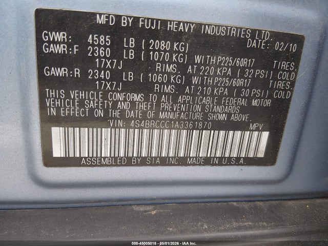 Продажа на аукционе авто 2010 Subaru Outback 2.5i Premium, vin: 4S4BRCCC1A3361870, номер лота: 45005018
