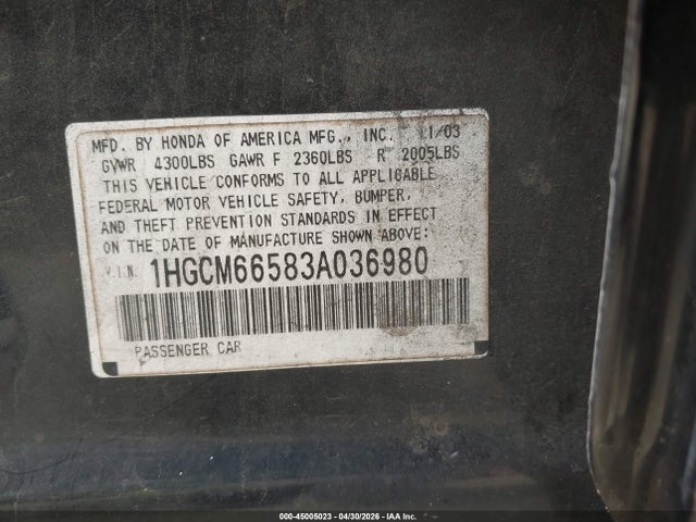 45005023 :رقم المزاد ، 1HGCM66583A036980 vin ، 2003 Honda Accord 3.0 Ex مزاد بيع