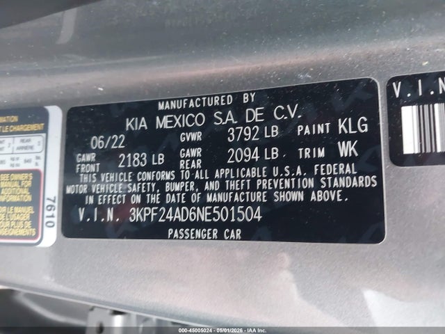 Aukcja sprzedaży 2022 Kia Forte Lxs, vin: 3KPF24AD6NE501504, numer aukcji: 45005024