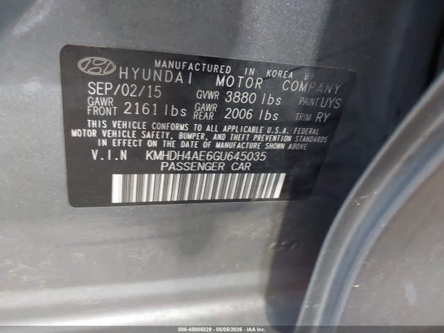 Aukcja sprzedaży 2016 Hyundai Elantra Value Edition, vin: KMHDH4AE6GU645035, numer aukcji: 45005029