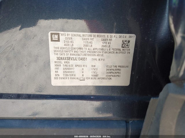 2018 Chevrolet Equinox Lt მანქანა იყიდება აუქციონზე, vin: 3GNAXSEV3JL134951, აუქციონის ნომერი: 45005036