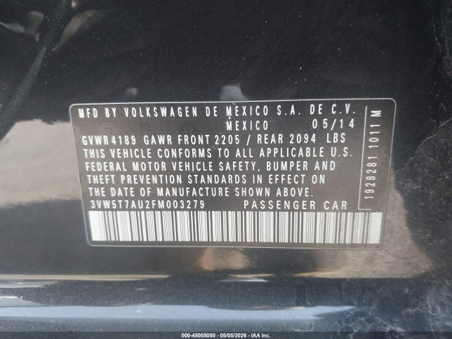 Продаж на аукціоні авто 2015 Volkswagen Golf Gti 2.0t S 4-door, vin: 3VW5T7AU2FM003279, номер лоту: 45005050