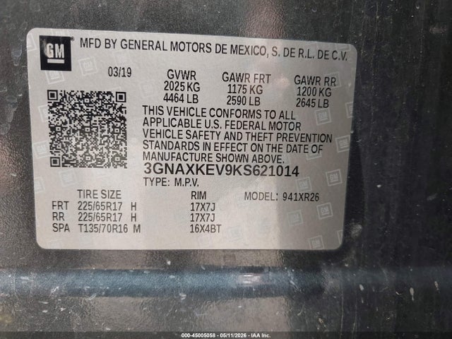 45005058 :رقم المزاد ، 3GNAXKEV9KS621014 vin ، 2019 Chevrolet Equinox Lt مزاد بيع