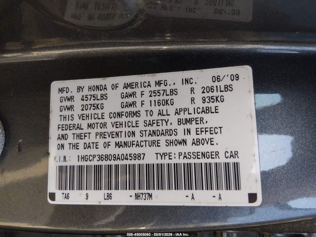 45005060 :رقم المزاد ، 1HGCP36809A045987 vin ، 2009 Honda Accord 3.5 Ex-l مزاد بيع