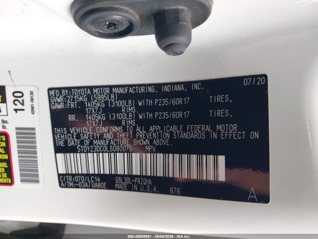 Aukcja sprzedaży 2020 Toyota Sienna Xle, vin: 5TDYZ3DC0LS080075, numer aukcji: 45005061