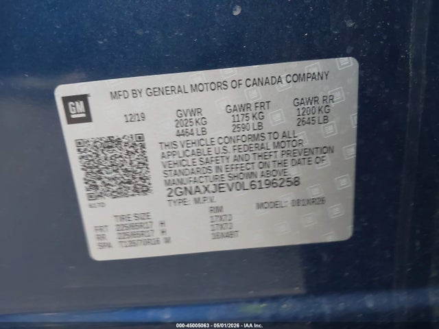 45005063 :رقم المزاد ، 2GNAXJEV0L6196258 vin ، 2020 Chevrolet Equinox Fwd 2fl مزاد بيع