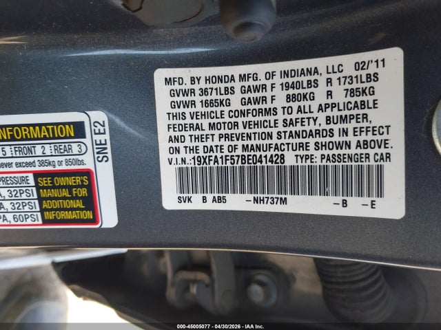 2011 Honda Civic Lx მანქანა იყიდება აუქციონზე, vin: 19XFA1F57BE041428, აუქციონის ნომერი: 45005077