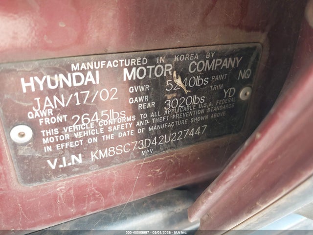 Продаж на аукціоні авто 2002 Hyundai Santa Fe Gls/lx, vin: KM8SC73D42U227447, номер лоту: 45005087
