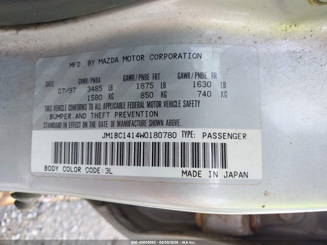 1998 Mazda Protege Dx/lx მანქანა იყიდება აუქციონზე, vin: JM1BC1414W0180780, აუქციონის ნომერი: 45005092