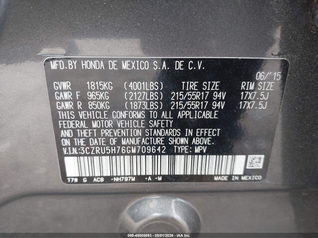 Aukcja sprzedaży 2016 Honda Hr-v Ex-l, vin: 3CZRU5H76GM709642, numer aukcji: 45005093