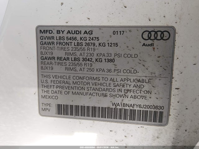 Aukcja sprzedaży 2018 Audi Q5 2.0t Premium/2.0t Tech Premium, vin: WA1BNAFY6J2003630, numer aukcji: 45005094