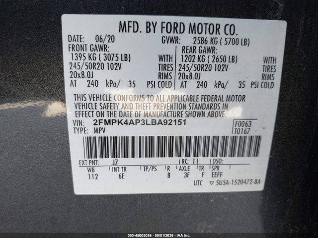 Aukcja sprzedaży 2020 Ford Edge St, vin: 2FMPK4AP3LBA92151, numer aukcji: 45005096