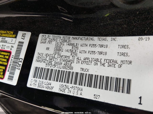 Aukcja sprzedaży 2020 Toyota Tundra Sr5, vin: 5TFDY5F11LX882508, numer aukcji: 45005098