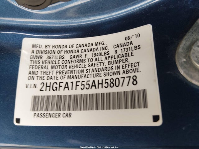 Продаж на аукціоні авто 2010 Honda Civic Lx, vin: 2HGFA1F55AH580778, номер лоту: 45005100