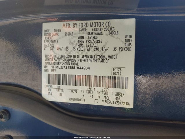45005105 :رقم المزاد ، 1FMEU72E66UA44934 vin ، 2006 Ford Explorer Xls مزاد بيع