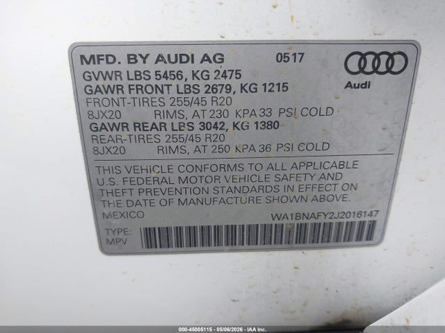 Aukcja sprzedaży 2018 Audi Q5 2.0t Premium/2.0t Tech Premium, vin: WA1BNAFY2J2016147, numer aukcji: 45005115