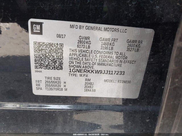 2018 Chevrolet Traverse Premier მანქანა იყიდება აუქციონზე, vin: 1GNERKKW9JJ117233, აუქციონის ნომერი: 45005118