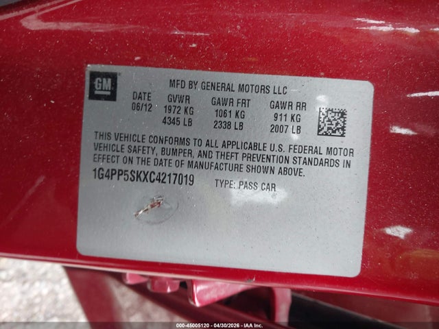 45005120 :رقم المزاد ، 1G4PP5SKXC4217019 vin ، 2012 Buick Verano مزاد بيع
