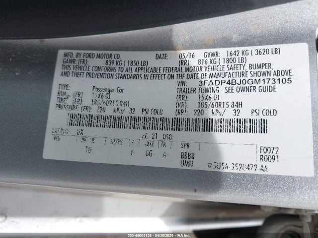 2016 Ford Fiesta Se მანქანა იყიდება აუქციონზე, vin: 3FADP4BJ0GM173105, აუქციონის ნომერი: 45005126