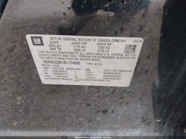 2016 Chevrolet Equinox Lt მანქანა იყიდება აუქციონზე, vin: 2GNALCEK1G1174365, აუქციონის ნომერი: 45005131