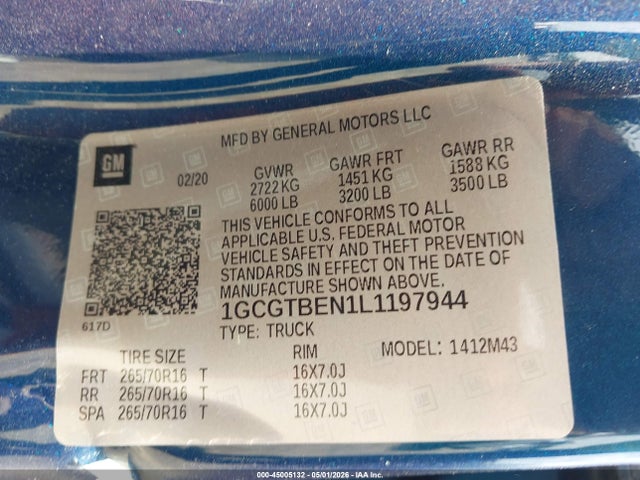 45005132 :رقم المزاد ، 1GCGTBEN1L1197944 vin ، 2020 Chevrolet Colorado 4wd  Short Box Wt مزاد بيع