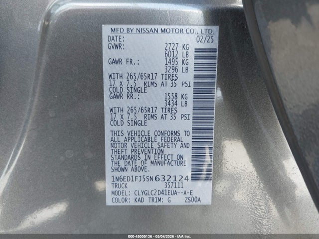 45005136 :رقم المزاد ، 1N6ED1FJ5SN632124 vin ، 2025 Nissan Frontier Long Bed Sv 4x2 مزاد بيع