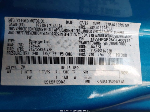 Aukcja sprzedaży 2012 Ford Focus Se, vin: 1FAHP3F28CL460931, numer aukcji: 45005140