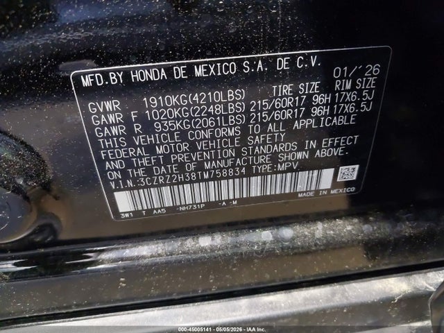 Auction sale of the 2026 Honda Hr-v Awd Lx, vin: 3CZRZ2H38TM758834, lot number: 45005141