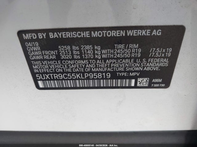 Продаж на аукціоні авто 2019 Bmw X3 Xdrive30i, vin: 5UXTR9C55KLP95819, номер лоту: 45005145