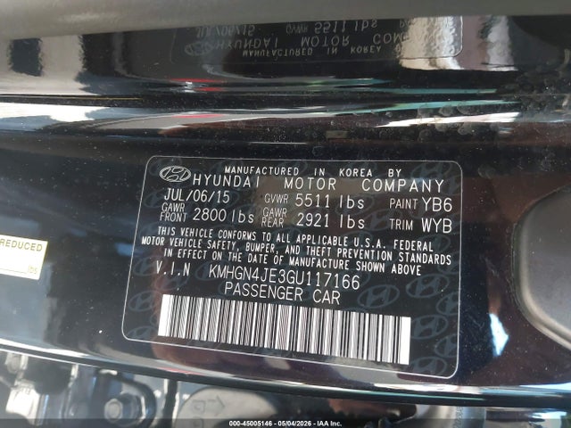Aukcja sprzedaży 2016 Hyundai Genesis 3.8, vin: KMHGN4JE3GU117166, numer aukcji: 45005146