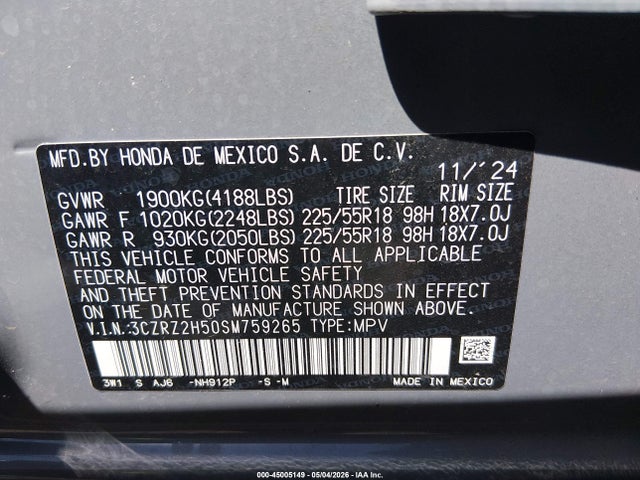 Aukcja sprzedaży 2025 Honda Hr-v Awd Sport, vin: 3CZRZ2H50SM759265, numer aukcji: 45005149