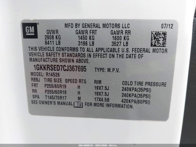 Aukcja sprzedaży 2012 Gmc Acadia Slt-2, vin: 1GKKRSED7CJ367695, numer aukcji: 45005151