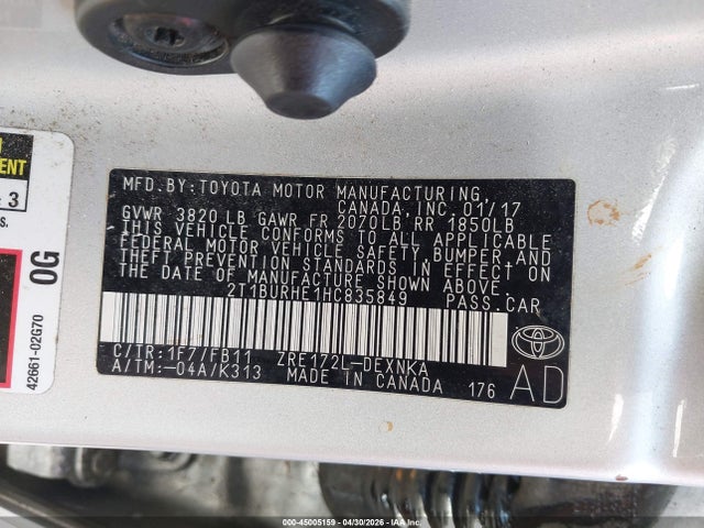 2017 Toyota Corolla Le მანქანა იყიდება აუქციონზე, vin: 2T1BURHE1HC835849, აუქციონის ნომერი: 45005159