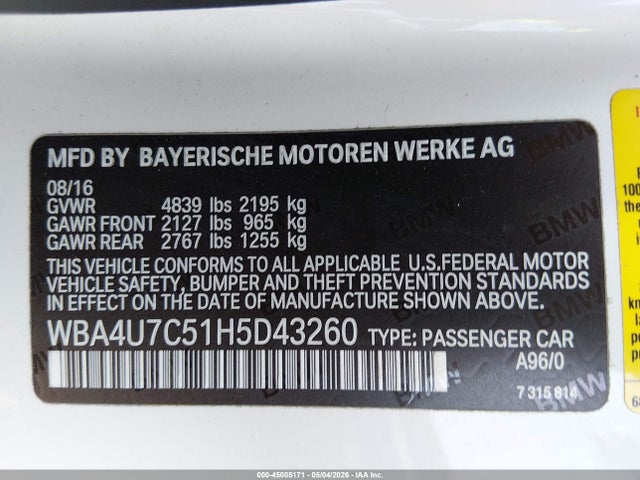 2017 Bmw 430i მანქანა იყიდება აუქციონზე, vin: WBA4U7C51H5D43260, აუქციონის ნომერი: 45005171