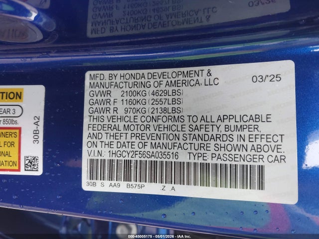 45005175 :رقم المزاد ، 1HGCY2F56SA035516 vin ، 2025 Honda Accord Hybrid Sport مزاد بيع