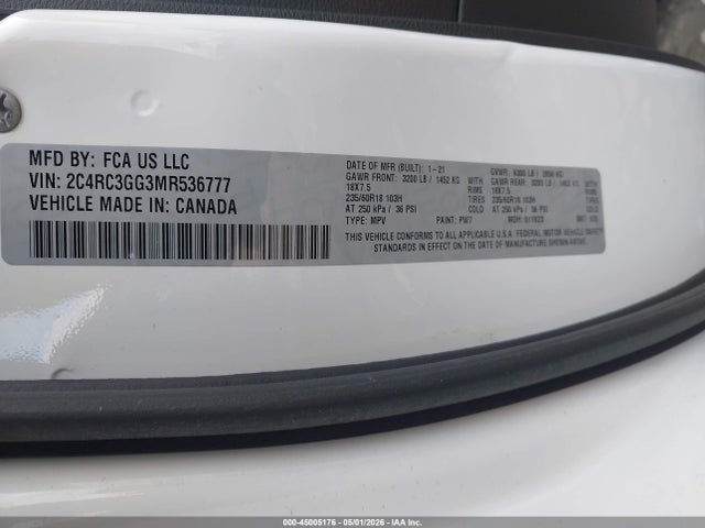 Продаж на аукціоні авто 2021 Chrysler Pacifica Limited Awd, vin: 2C4RC3GG3MR536777, номер лоту: 45005176