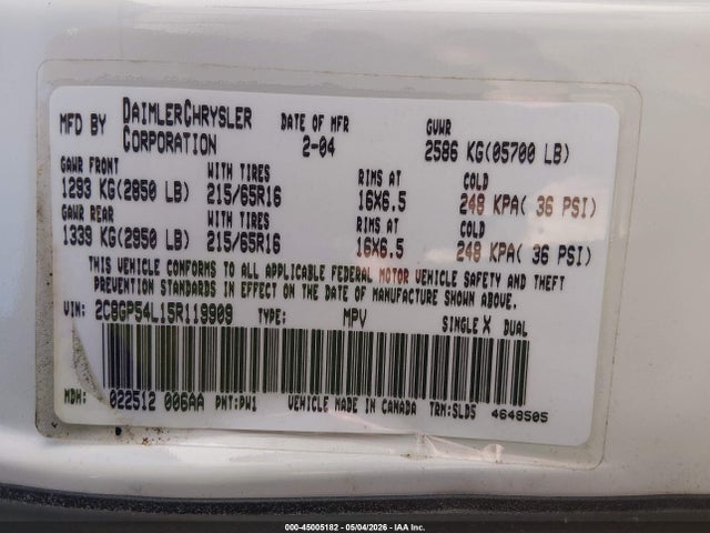 Продаж на аукціоні авто 2005 Chrysler Town & Country Touring, vin: 2C8GP54L15R119909, номер лоту: 45005182