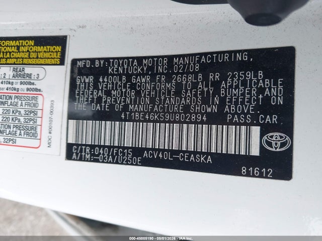 2009 Toyota Camry Le/se/xle მანქანა იყიდება აუქციონზე, vin: 4T1BE46K59U802894, აუქციონის ნომერი: 45005190
