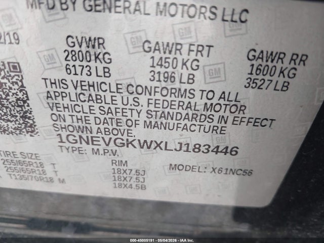 1GNEVGKWXLJ183446 Chevrolet Traverse Awd Lt Cloth