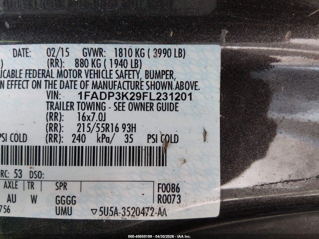 45005199 :رقم المزاد ، 1FADP3K29FL231201 vin ، 2015 Ford Focus Se مزاد بيع