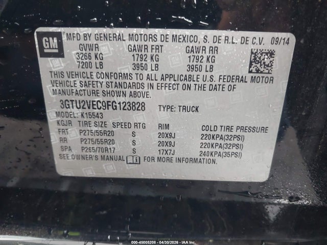 Auction sale of the 2015 Gmc Sierra 1500 Slt, vin: 3GTU2VEC9FG123828, lot number: 45005208