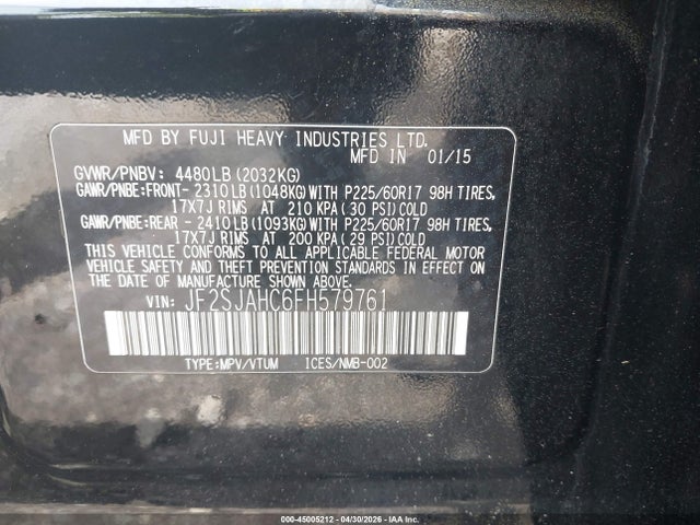 45005212 :رقم المزاد ، JF2SJAHC6FH579761 vin ، 2015 Subaru Forester 2.5i Limited مزاد بيع
