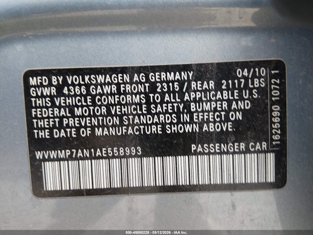 45005228 :رقم المزاد ، WVWMP7AN1AE558993 vin ، 2010 Volkswagen Cc Sport مزاد بيع