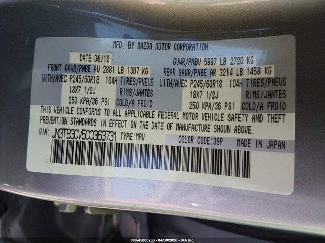 Aukcja sprzedaży 2012 Mazda Cx-9 Touring, vin: JM3TB3CV5C0363731, numer aukcji: 45005233
