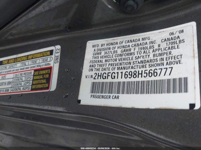 2008 Honda Civic Lx მანქანა იყიდება აუქციონზე, vin: 2HGFG11698H566777, აუქციონის ნომერი: 45005234