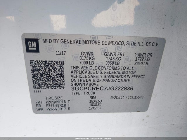 45005243 :رقم المزاد ، 3GCPCREC7JG222836 vin ، 2018 Chevrolet Silverado 1500 1lt مزاد بيع