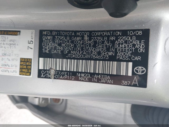 Auction sale of the 2009 Toyota Prius Standard/touring, vin: JTDKB20U497846573, lot number: 45005245