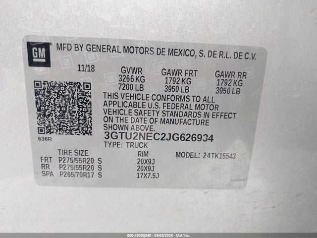 45005248 :رقم المزاد ، 3GTU2NEC2JG626934 vin ، 2018 Gmc Sierra 1500 Slt مزاد بيع