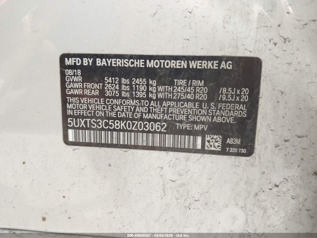 2019 Bmw X3 M40i მანქანა იყიდება აუქციონზე, vin: 5UXTS3C58K0Z03062, აუქციონის ნომერი: 45005267